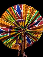 Handmade African Fabric Fan Double Sided Leather Handle
