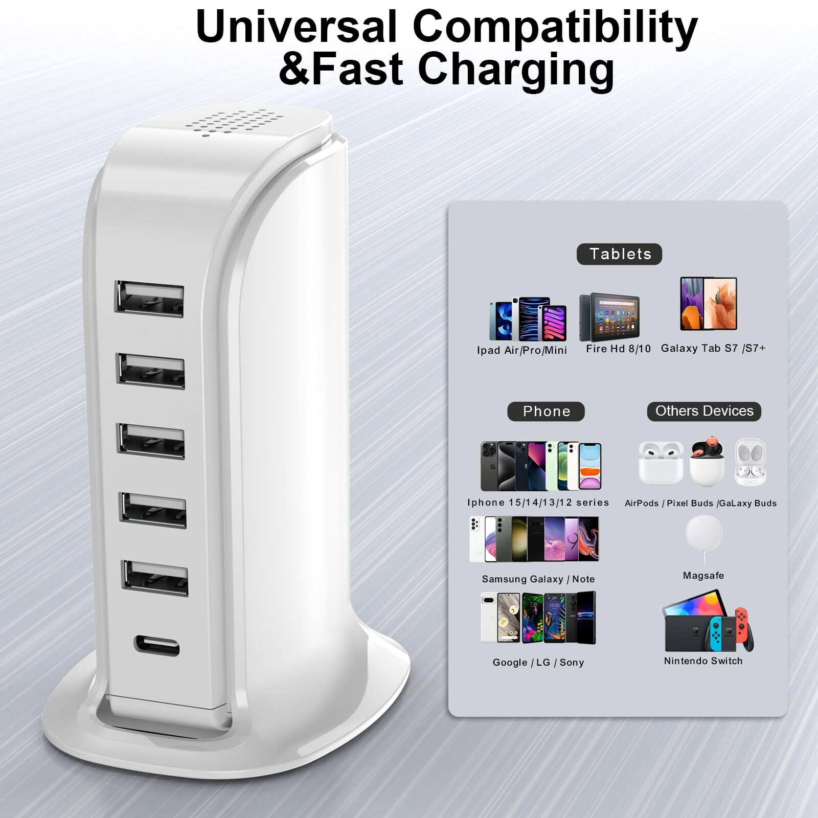 Charging Station For Multiple Devices Multi Usb Tower Hub With 5 Usb+1 Type C Po