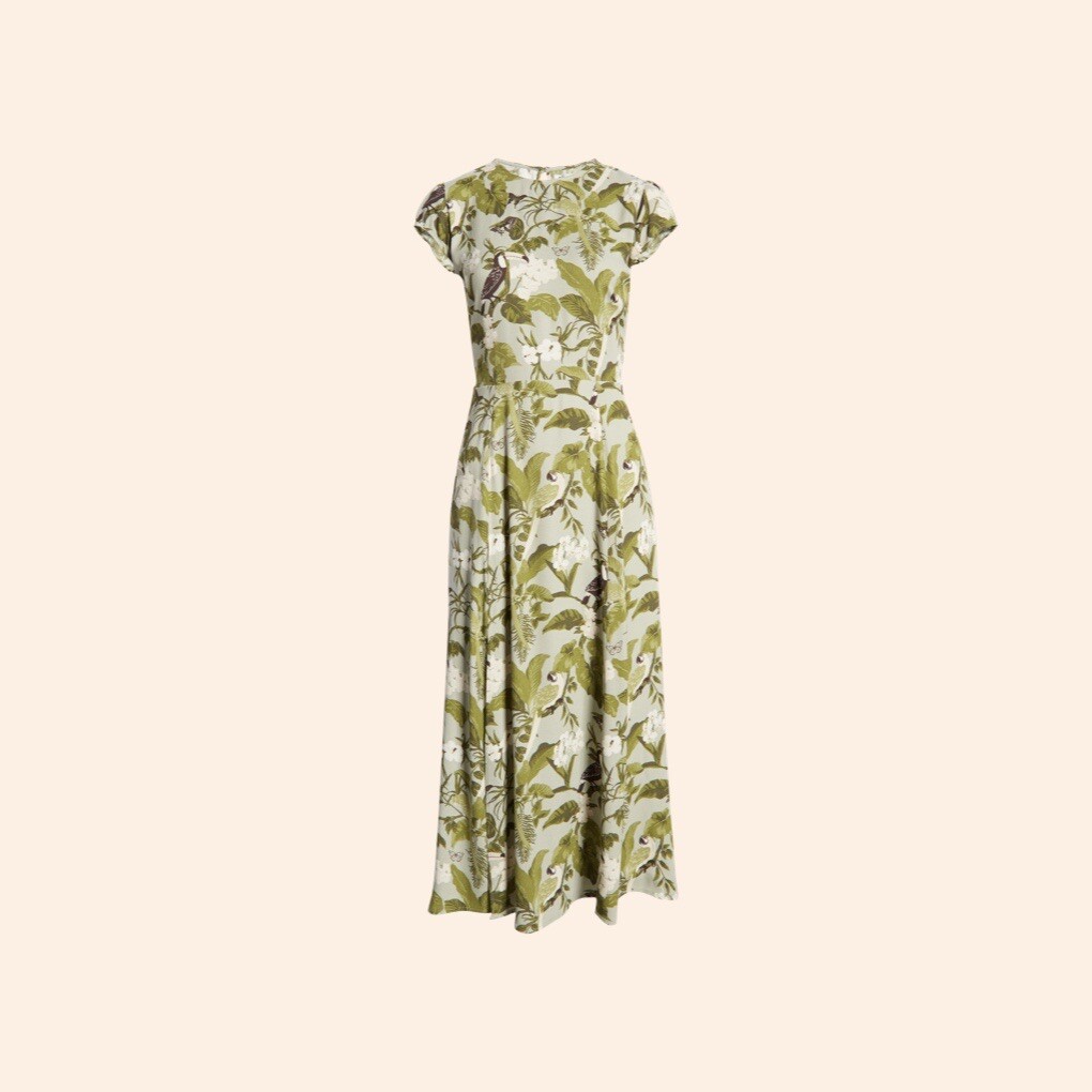 NWT $218 Reformation Gavin Dress Tropical Green Jungle Floral Midi Cap  Sleeve 0 | eBay