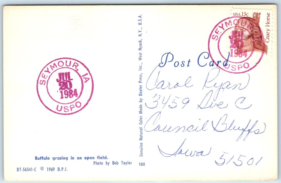 1984 Seymour, IA Purple USPO Post Office Cancel Postcard Postal History