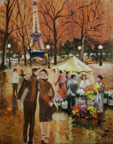 マリオ・パッソーニ作 「Café De Paris」(油絵) Mario Passoni “Café de Paris” Signed Oil Painting Vintage Italian