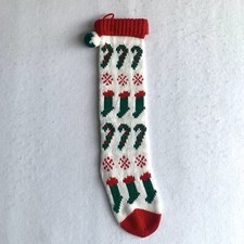 Knit Christmas Stocking Vintage Candy Cane Snowflakes Red Green White Taiwan 25"
