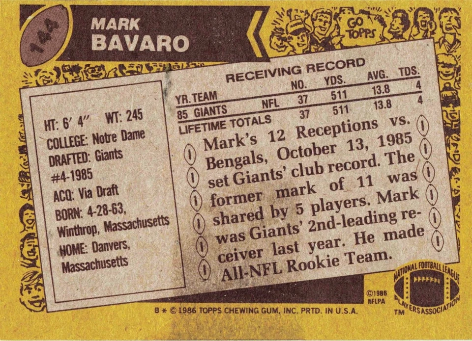 1986 Topps Football Mark Bavaro RC Rookie New York Giants #144 - Image 2 of 2