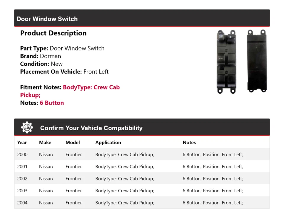 Interruptor de ventana de puerta dorman doble cabina Nissan Frontier 2000-2004 delantero izquierdo Foto 2 de 4