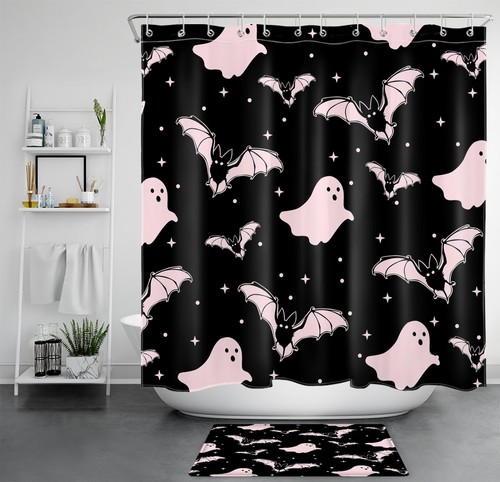 Creepy Bat Pink Ghost Black Halloween Shower Curtain Bathroom Accessories Set - Picture 18 of 21