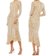 Mac Duggal Embellished Long-Sleeve Midi-Dress Size 16 Ivory Beige NEW 93627