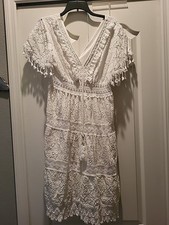 Miss J Size L/X White Lace Short Dress Fit & Flare V-Neck tassels cover up NWOT