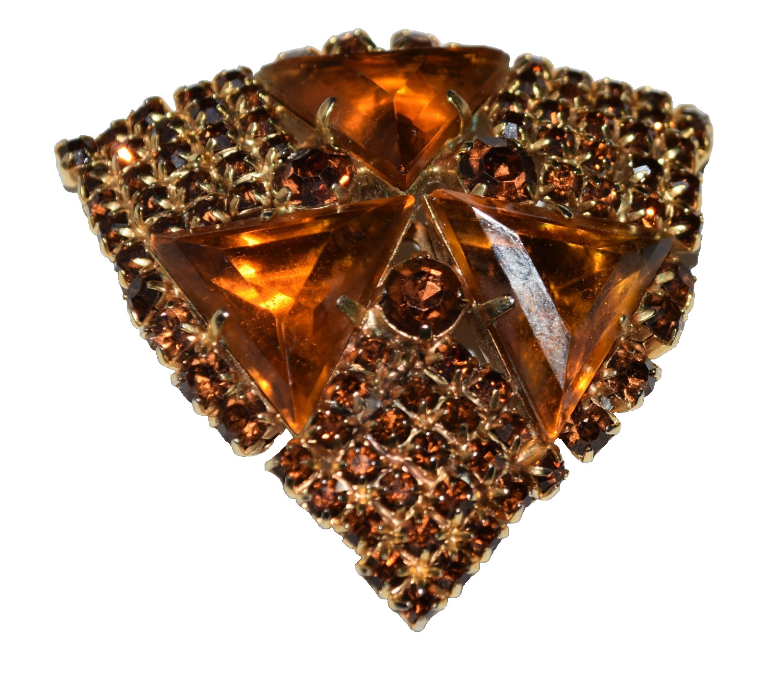Vintage Large Triangular Shape Amber Rhinestones … - image 1