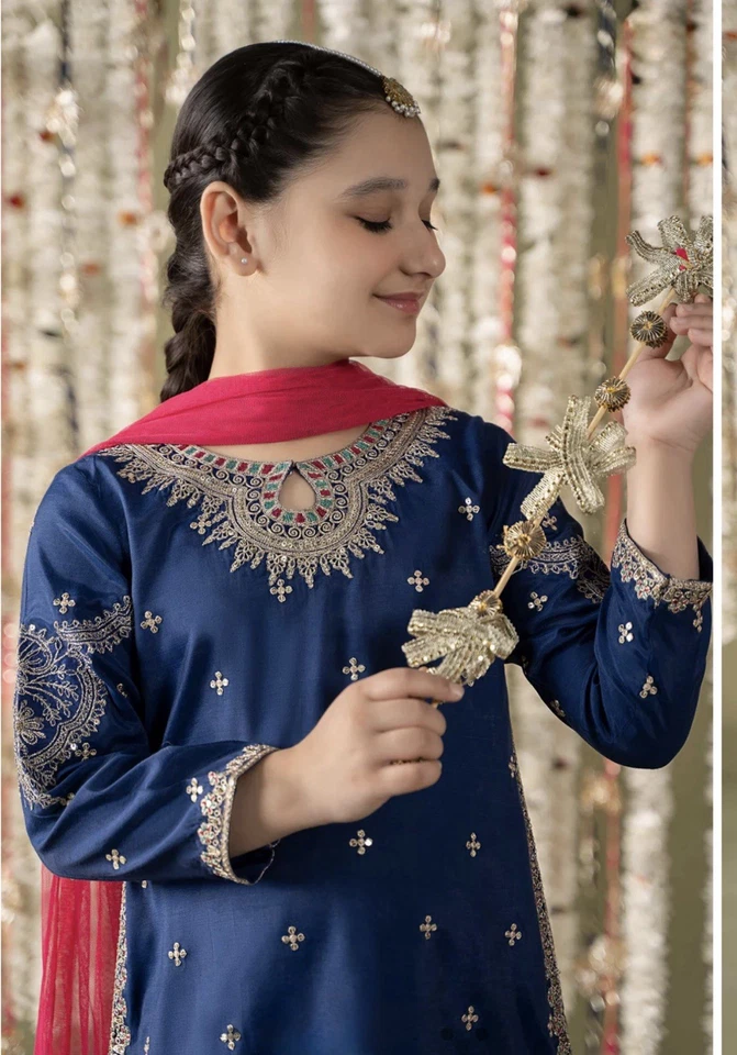 MariaB 3 Piece Embroidered Raw Silk Suit kids 4-6 size - Image 2 of 4