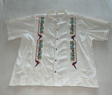 Mexican Guayabera Men Shirt Cream Cotton Short Sleeve Colorful Embroidery Sz XL