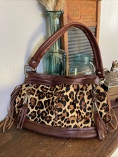 B. Makowsky Leopard Calf hair Leather Hobo Bag With Leather Fringe 