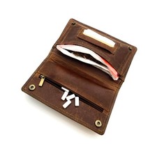 echt Leder Tabakbeutel Tabaktasche Tabak Etui Beutel mit Blättchen Fach braun