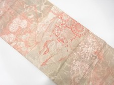 7528512: JAPANESE KIMONO / ANTIQUE FUKURO OBI / SILK / WOVEN KIKU CARRIAGE