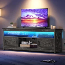 Farmhouse TV Stand Cabinet for TVs up to 75 inch with Power Outlets Open Shelves