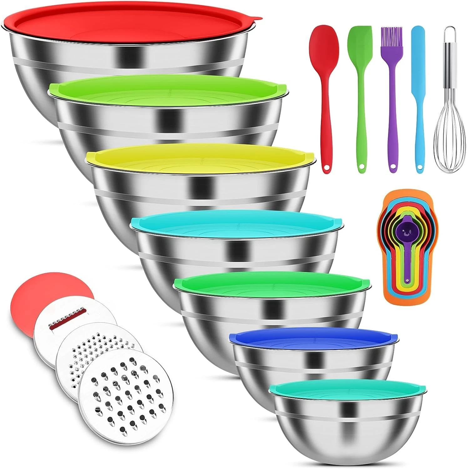 Mixing Bowls with Lids Set, 7 PCS Stainless Steel Mixing Bowls with 3 Grater ...