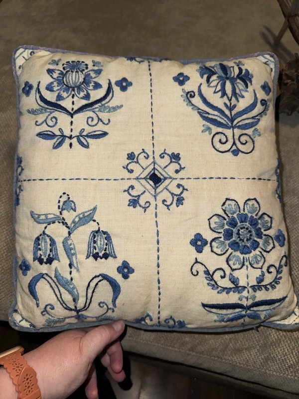 Vintage Hand Embroidered Stump Work Crewel Delft Style Sampler pillow Dutch