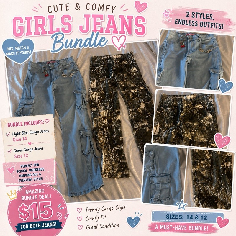 Girls 2-Pair Cargo Denim Jeans Bundle Light Wash Blue & Camo, Sizes 14 & 12