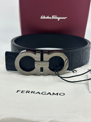 SALVATORE FERRAGAMO BLack Leather Mens  Hose Shoe Print Belt