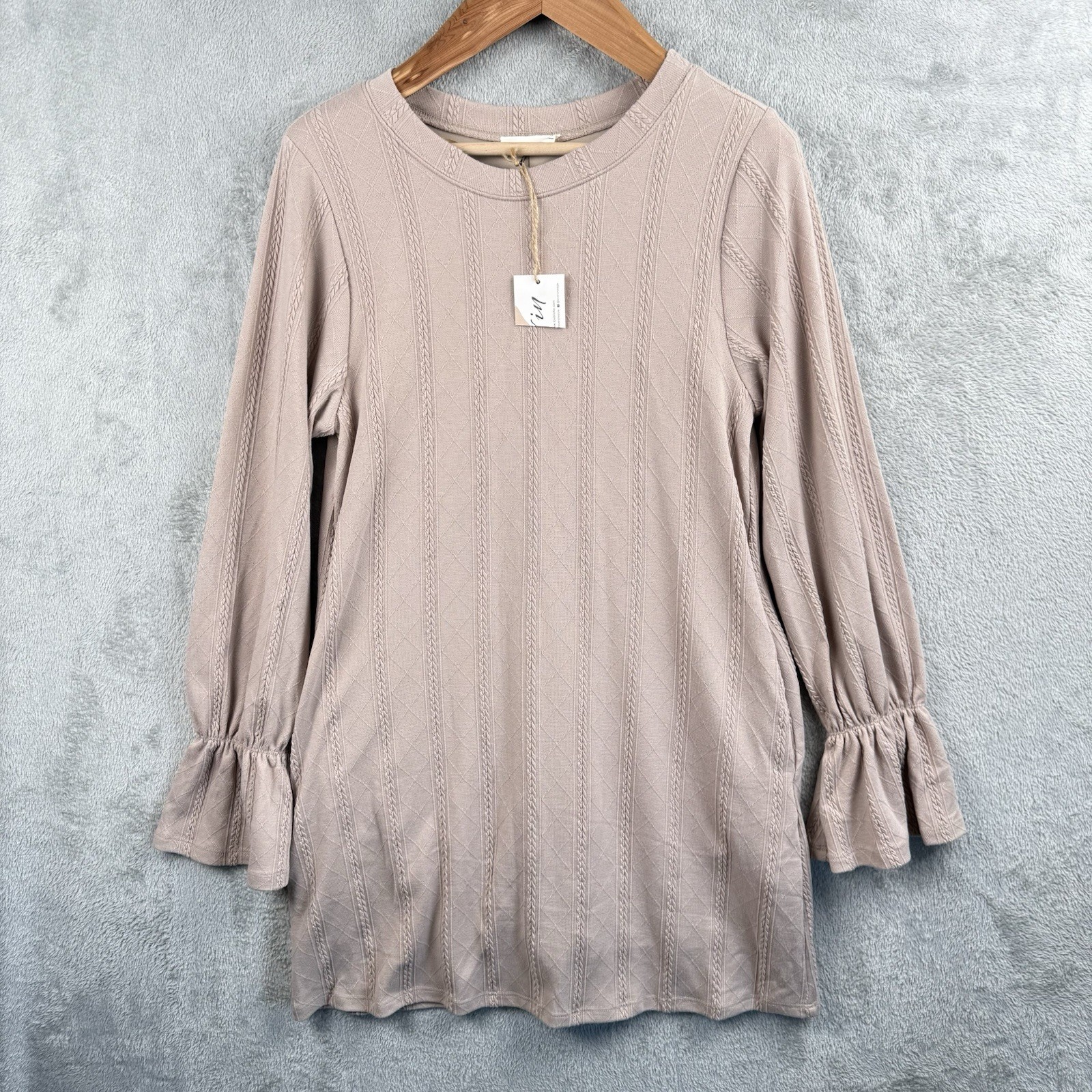 New In Sweater Dress Womens M Beige Knit L/S Poet Sleeves Lined Romantic NWT