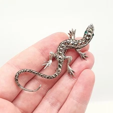 Antique Solid Silver Lizard Brooch Marcasite Emerald Paste Eyes 1920s Art Deco