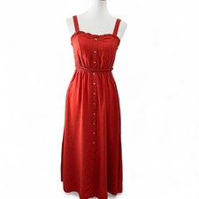 Kojoon Womens Rust Orange Button Front Ruffle Trim Smocked Back Midi Dress Small