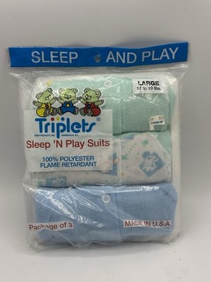 Vintage Triplets Terry Sleep/Play Baby Suits Footed One Piece (3 Pack) Large New