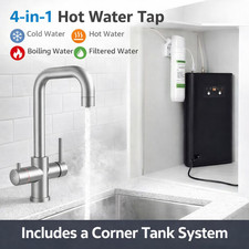 Brushed Steel 4-in-1 Instant Boiling Water Hot Kitchen Tap - Corner Tank