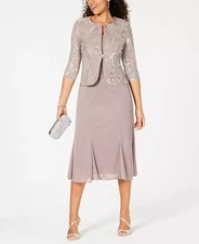 Alex Evenings Sequined A-Line MIDI Dress and Jacket - Pewter, sz 6P