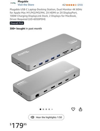Plugable USB-C Dual 4K Displays, 100W, 2x HDMI 2x DisplayPort For Apple M1-M4 - Picture 2 of 9