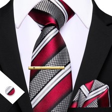 4-Pcs-Men's Tie Red Striped Necktie Hankie Cufflinks Tie Pin Set Wedding Gift