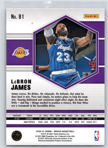 LeBron James 2020-21 Panini Mosaic NBA Basketball Card #81 LA Lakers MVP - Picture 2 of 2