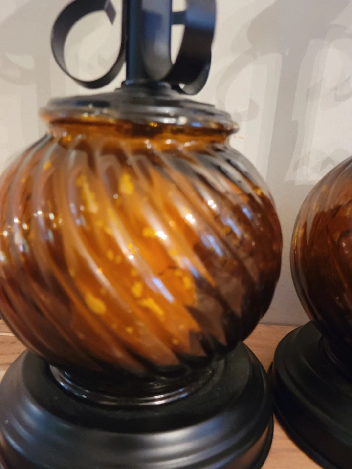 Pair Gothic Themed 15" Amber Nightstand Lamps W/ Lighted Bases.  - Image 3 of 4