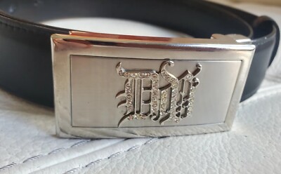 Vintage Y2K VERSACE Black Leather Silver Rhinestone Belt 34 Men's