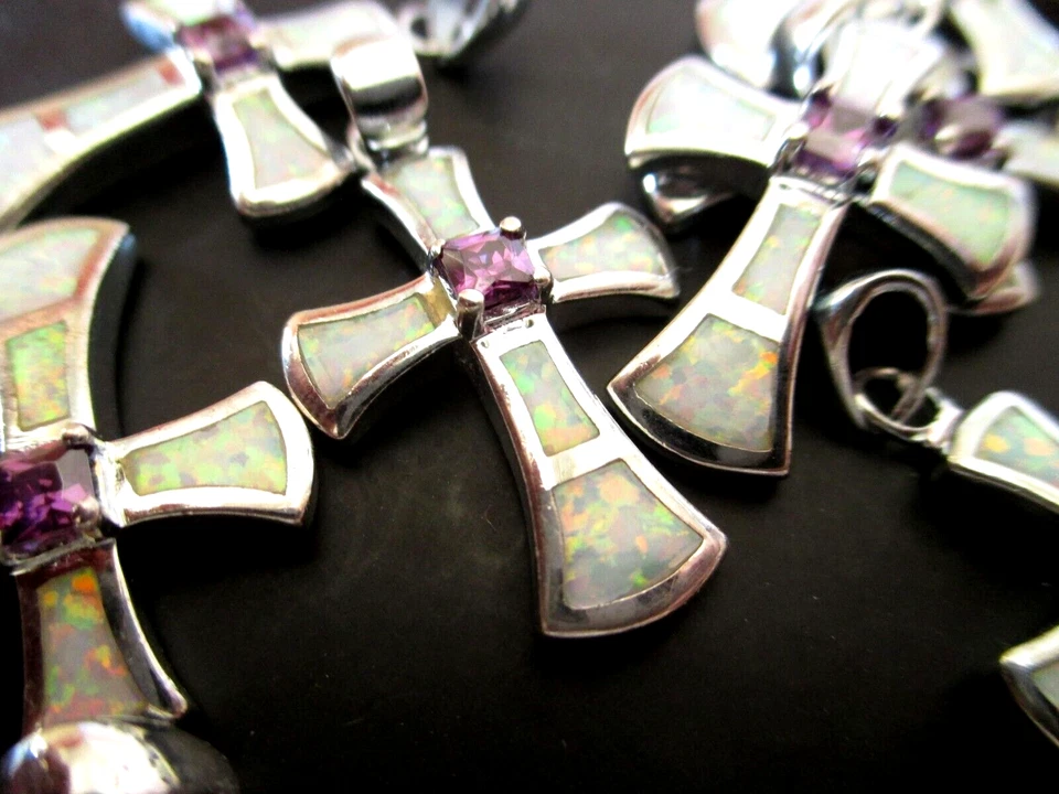 CRUZ DE PIEDRAS PRECIOSAS DE PLATA ESTERLINA Y ÓPALO DE FUEGO, COLGANTE DE JERUSALÉN #41 Foto 3 de 4