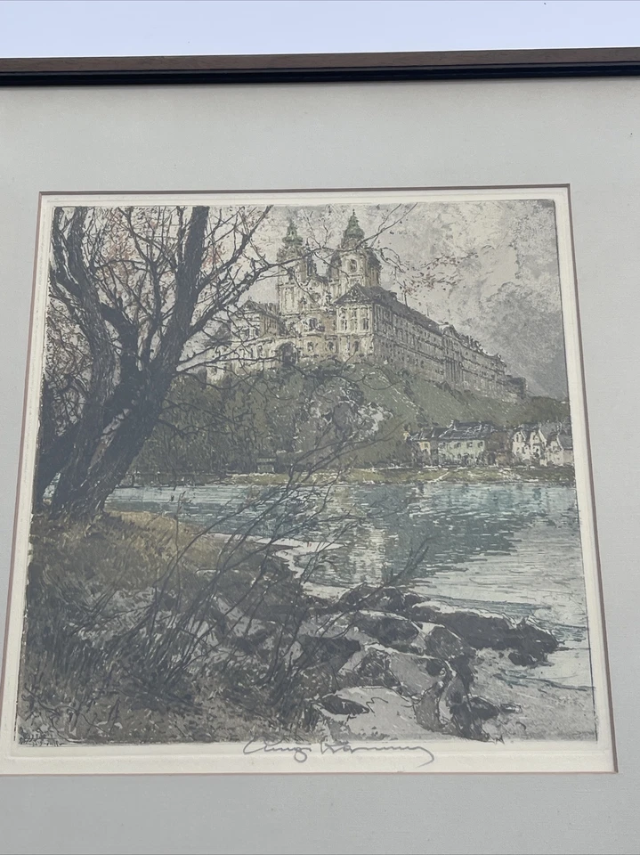 GRABADO LUIGI KASIMIR RARO DE COLECCIÓN ANTIGUO FIRMADO RÍO DANUBIO MELK AUSTRIA Foto 3 de 4