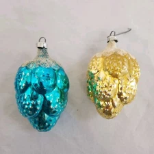 VTG Pine Cone Nut Berry Cluster Glass Christmas Ornaments Mica Blue Gold Germany