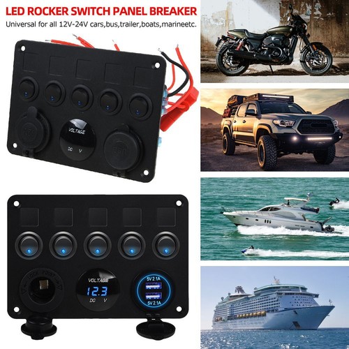 5-Gang 12V/24V Inline Fuse Box LED Switch Panel Dual USB Car Boat Truck Camper - Picture 9 of 13