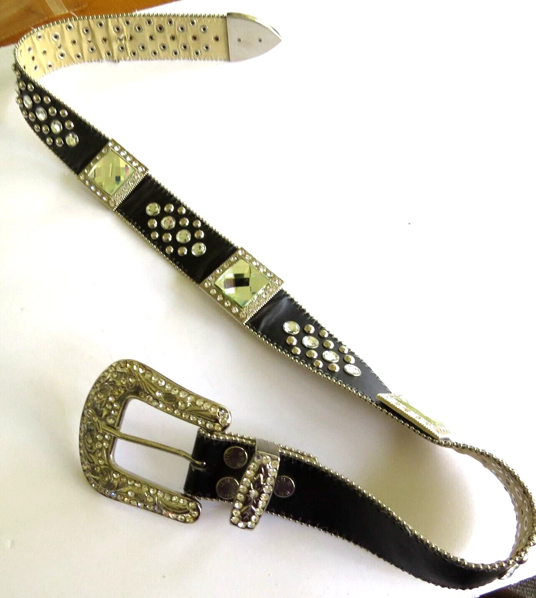 BHW Rhinestone Studded Western Black Leather Belt Size Small BHW Womens Black Leather Rhinestone Silver Studded Western  main image 3