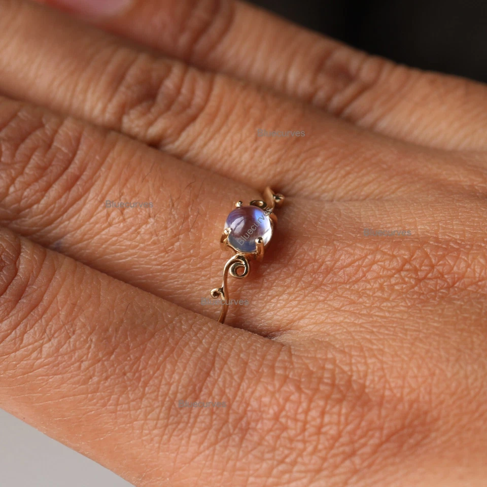 Solitaire Moonstone Thin Band Ring, Sides Leaf Design In 18K Yellow Gold Jewelry - Image 3 of 4