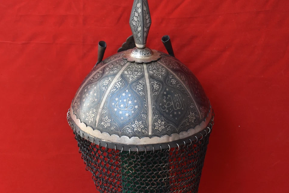 Casco estilo vintage mogol islámico otomano coránico plata damascena Khula Khud Foto 4 de 4