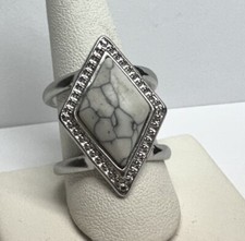 Boho White Howlite Rhombus Ring - Silver Tone Geometric Statement Ring Size 9.5
