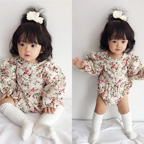 Newborn Baby Girl Summer Clothes Vintage Floral Romper Bodysuit Infant Jumpsuit - Picture 2 of 8