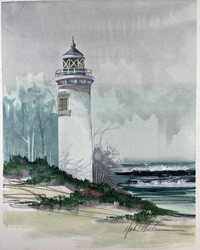 Pintura de acuarela Mark Polomchak de faro junto al océano playa firmada - Imagen 7 de 12