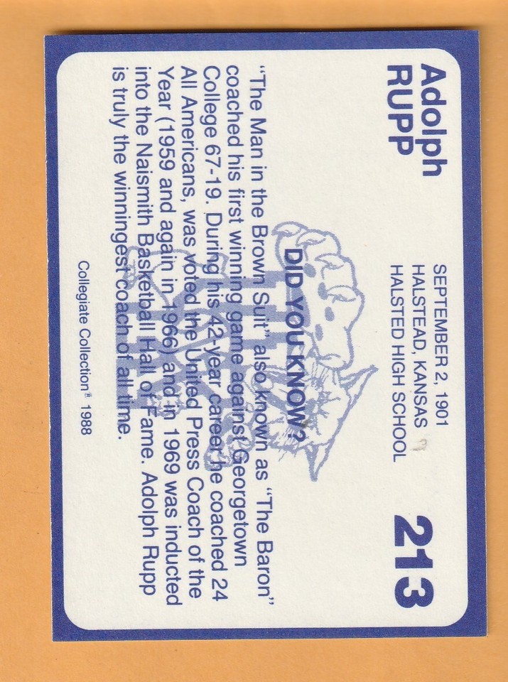 Adolph Rupp Kentucky Wildcats 1988 Card #213 HOF Halstead Kansas 8S | eBay