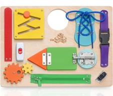 Busy Board for Toddlers, Montessori Wooden Activity Board with 10 Educational