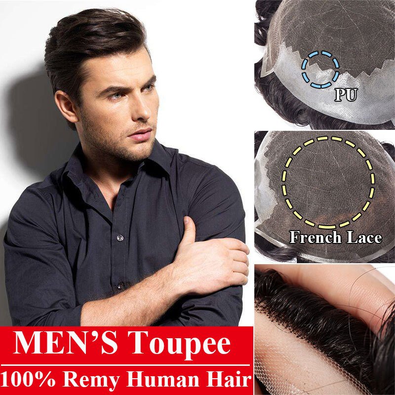 Full Poly Skin Mens Toupee Lace Mono PU Human Hair System Replacement Wig  Men US