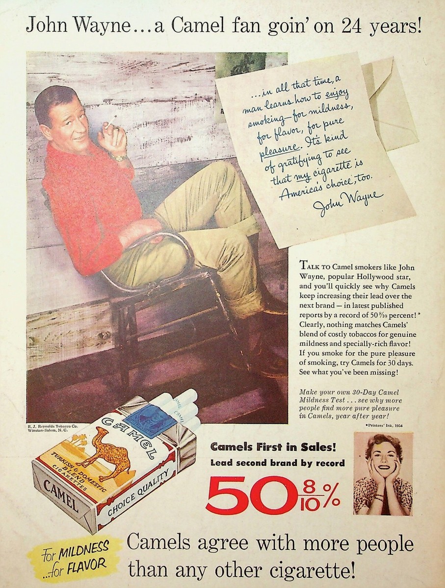 Original Camel's Cigarettes Ad: John Wayne; Camel Fan Goin' on 24 Years