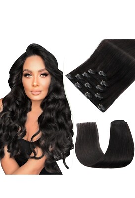 Echthaar Extensions Clip In Schwarz, Clip In Haarverlängerung 5 Stück Gerade 16''