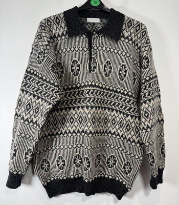 Tesco Pullover Herren Large schwarz weiß Northern Isle Wolle Strick Opa 90er Vintage
