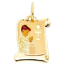Precious Stars 14k Yellow Gold Boy's First Communion Scroll Pendant